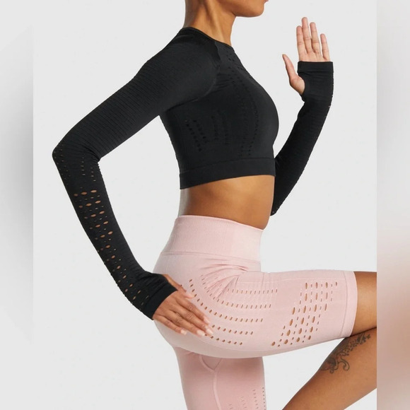 Gymshark Glow Long Sleeve Seamless Mesh Crop Top in Black Size S - Picture 4 of 12